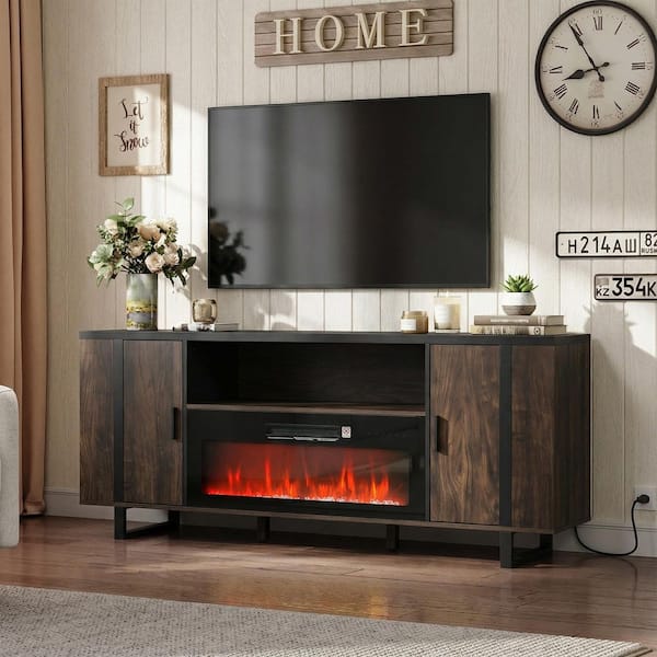 72 in. Black Freestanding Fireplace TV Stand Fits Up to 65 in. with Storage Cabinets