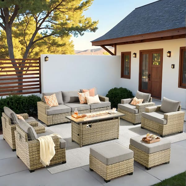 Kelleys 10-Piece Wicker Modern Outdoor Patio Furniture Conversation Sofa Set with a Fire Pit and Dark Grey Cushions
