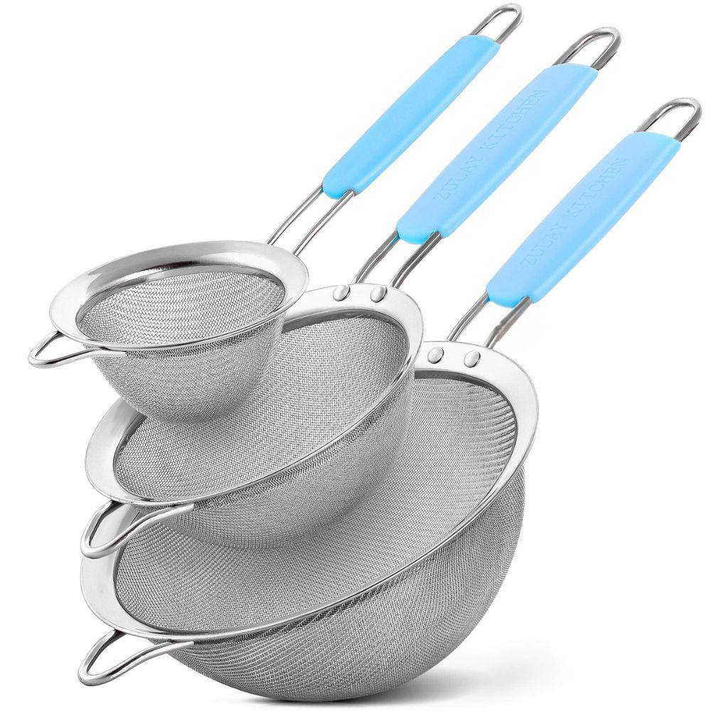 Blue Stainless Steel Mesh Strainer Set with Non-Slip Handles