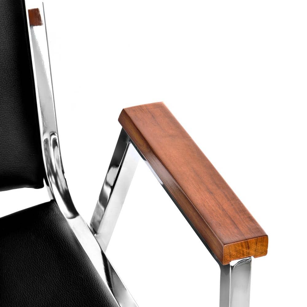 Black Vinyl and Metal Stackable Office Chair with Walnut Armrests