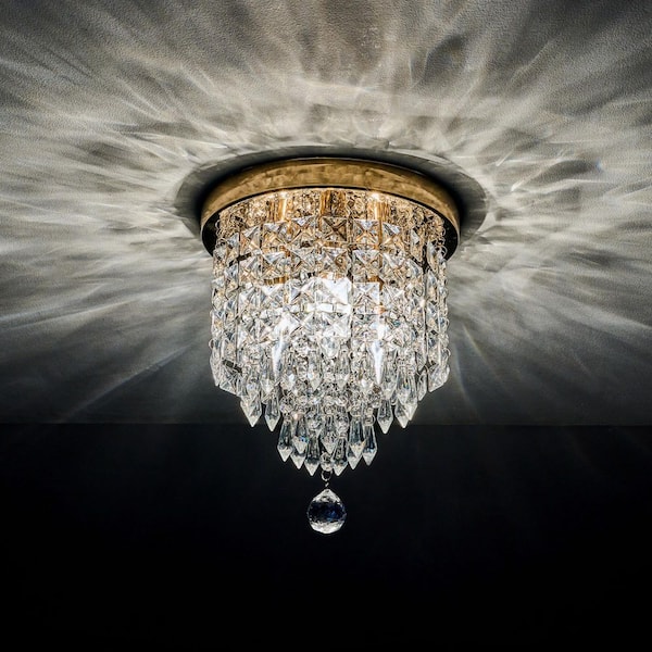 8.7 in. 3-Light Gold Flush Mount Chandelier Ceiling Light Fixture with K9 Crystals