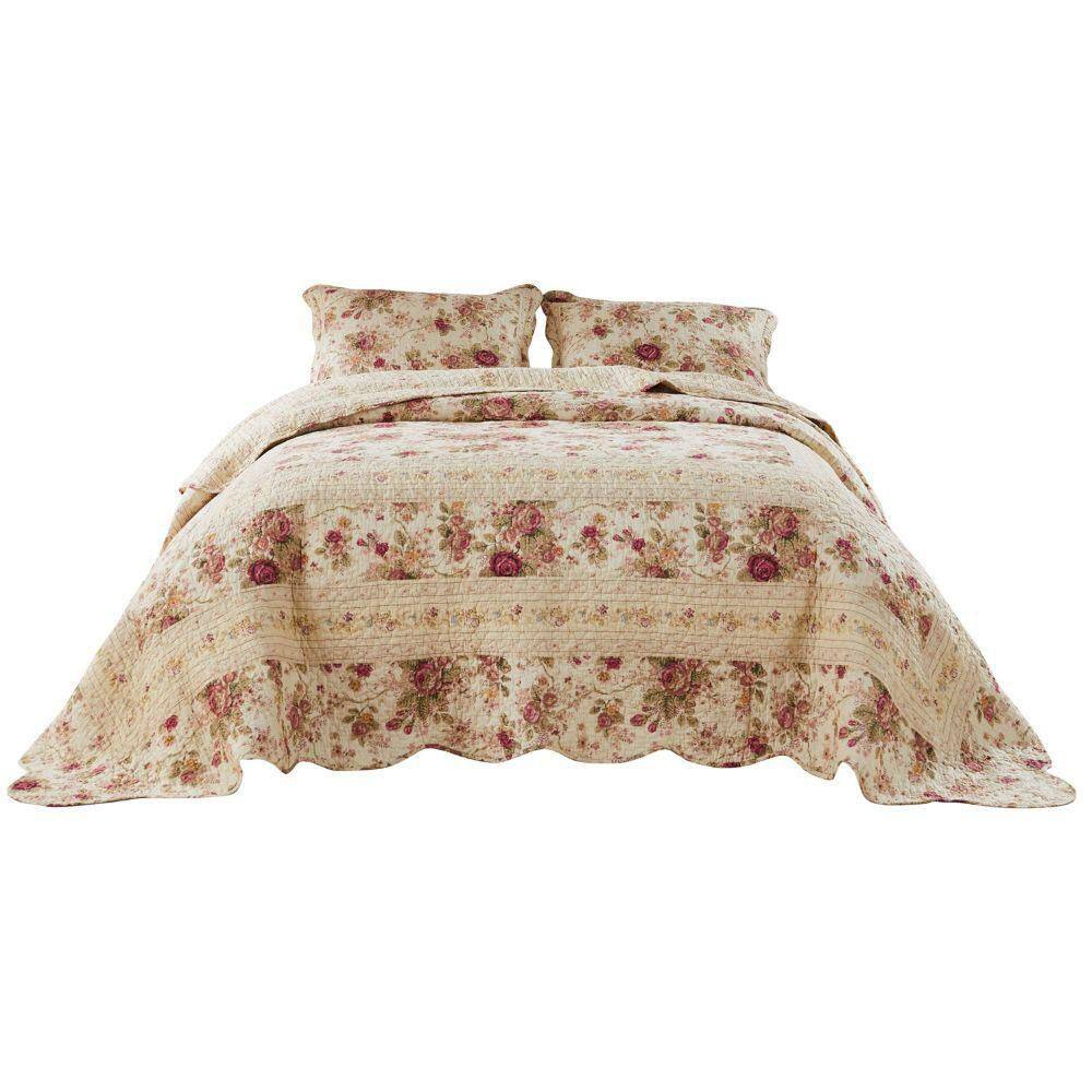 Queen Pink Floral Cotton Reversible Bedspread Set