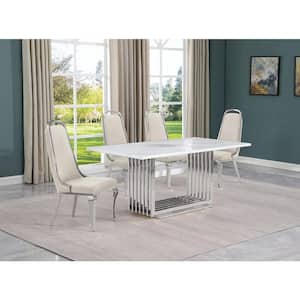 Lisa 5-Piece Rectangular White Marble Top Chrome Base Dining Set with Cream Velvet Chairs Seats 4.