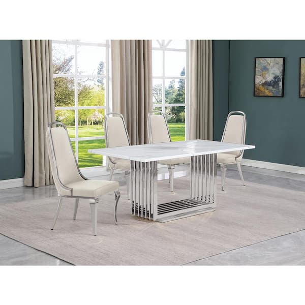 Best Quality Furniture Lisa 5-Piece Rectangular White Marble Top Chrome Base Dining Set with Cream Velvet Chairs Seats 4.