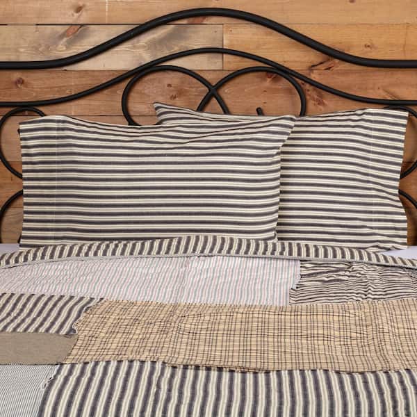 VHC BRANDS Ashmont Gray Vintage White Ticking Stripe Cotton Standard Pillowcase (Set of 2)