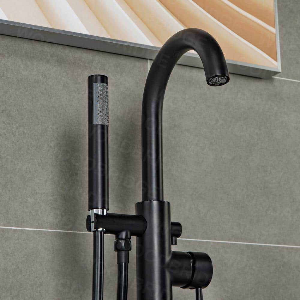 Matte Black Brass Floor Mount Bathtub Faucet with Hand Shower