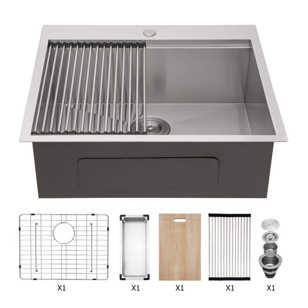 Brushed Nickel Stainless Steel 25 in. Single Bowl Drop-In 18 Gauge Workstation Kitchen Sink with Bottom Rinse Grid
