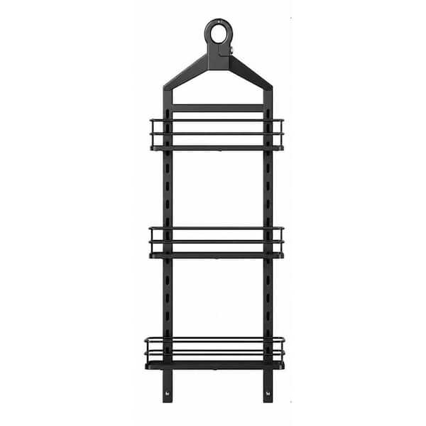 Over-the-Shower-Head 3-Tier Height-Adjustable Anti-Swing Sturdy Large Capacity Shower Caddy in Black