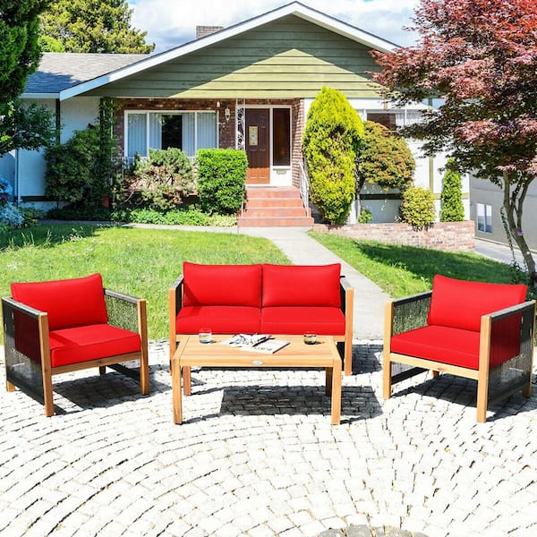 SUNRINX 4-Piece Acacia Wood Outdoor Patio Conversation Set with Red Cushion