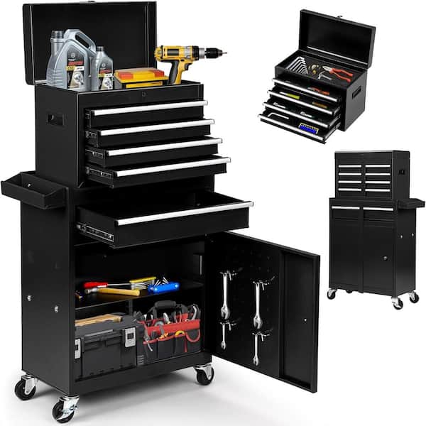 5-Drawer Rolling Tool Chest, 2-in-1 Lockable Tool Box, Sliding Drawers & Detachable Top, Black