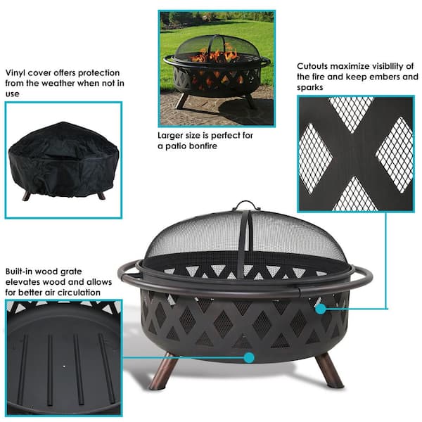 Round Steel Wood Burning Fire Pit, Sunnydaze 36 Inch Crossweave Wood Burning Outdoor Fire Pit Black