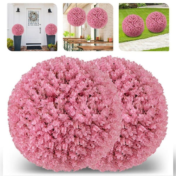 17.5 in. Pink Indoor and Outdoor Artificial Eucalyptus Flower Balls with 7 Layers Leaves (2-Pack)