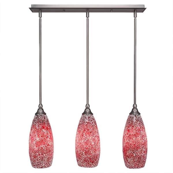 Unbranded Livingston 100-Watt 3 Light Brushed Nickel, Linear Pendant Light with 5.5 in. Red Fusion Glass Shade No Bulbs Included