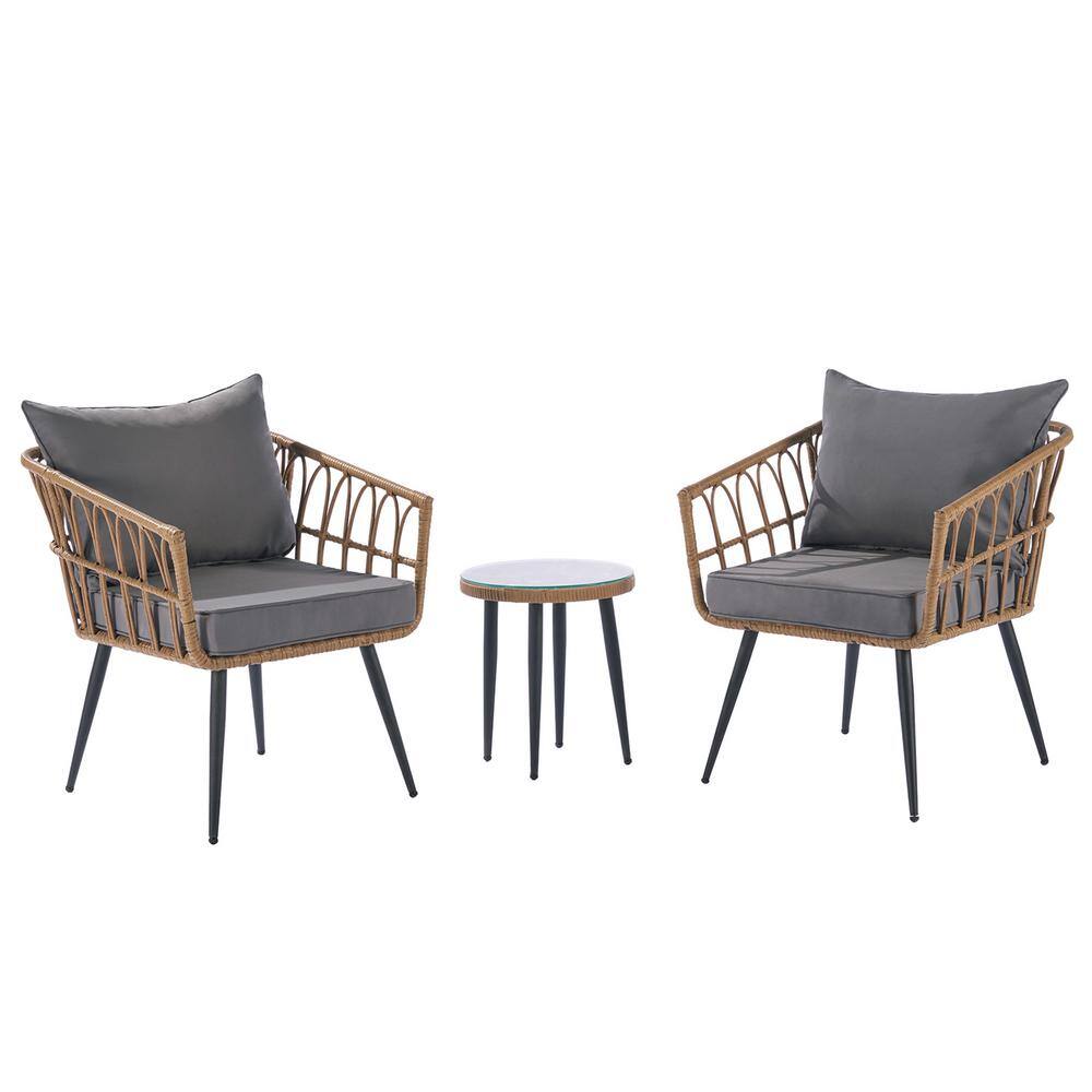 PE Wicker 3-Pieces Outdoor Bistro Set with Dark Gray Cushions, Patio Furnit