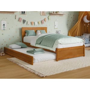 Wesley Light Toffee Natural Bronze Solid Wood Frame Twin Platform Bed with Panel Footboard and Twin Trundle
