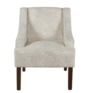 Distressed Cream and Gray Vintage Stencil Classic Swoop Arm Accent Chair