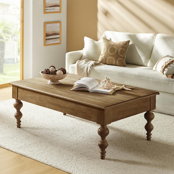 Emma 59.3 in. Acorn Lift Top 4 Legs Coffee Table with Storage Shelf and Solid Rubber Wood Legs