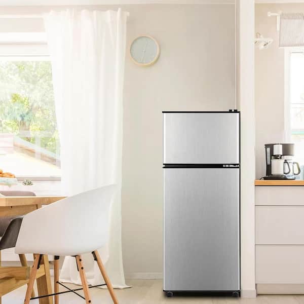 3.8 cu. ft. Mini Refrigerator Double Doors Fridges with Freezer in Silver 7-Level Temp Adjustable, Removable Glass Shelf