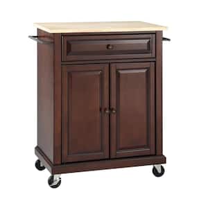Rolling Mahogany Kitchen Cart with Natural Top