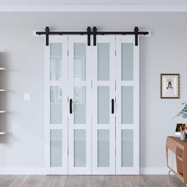 56 in. x 84 in. 3-Lite Tempered Frosted Glass Solid Core White Finished MDF Wood Bi-Fold Door with Hardware Kit