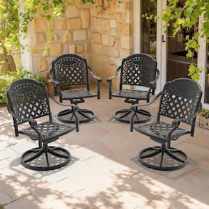 Black 4-Piece Cast Aluminum Outdoor Swivel Rocking, Patio Swivel Dining Chairs with Red Cushion For Backyard