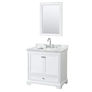 Deborah 36 in. W x 22 in. D Vanity in White with Marble Vanity Top in Carrara White with White Basin and 24 in. Mirror