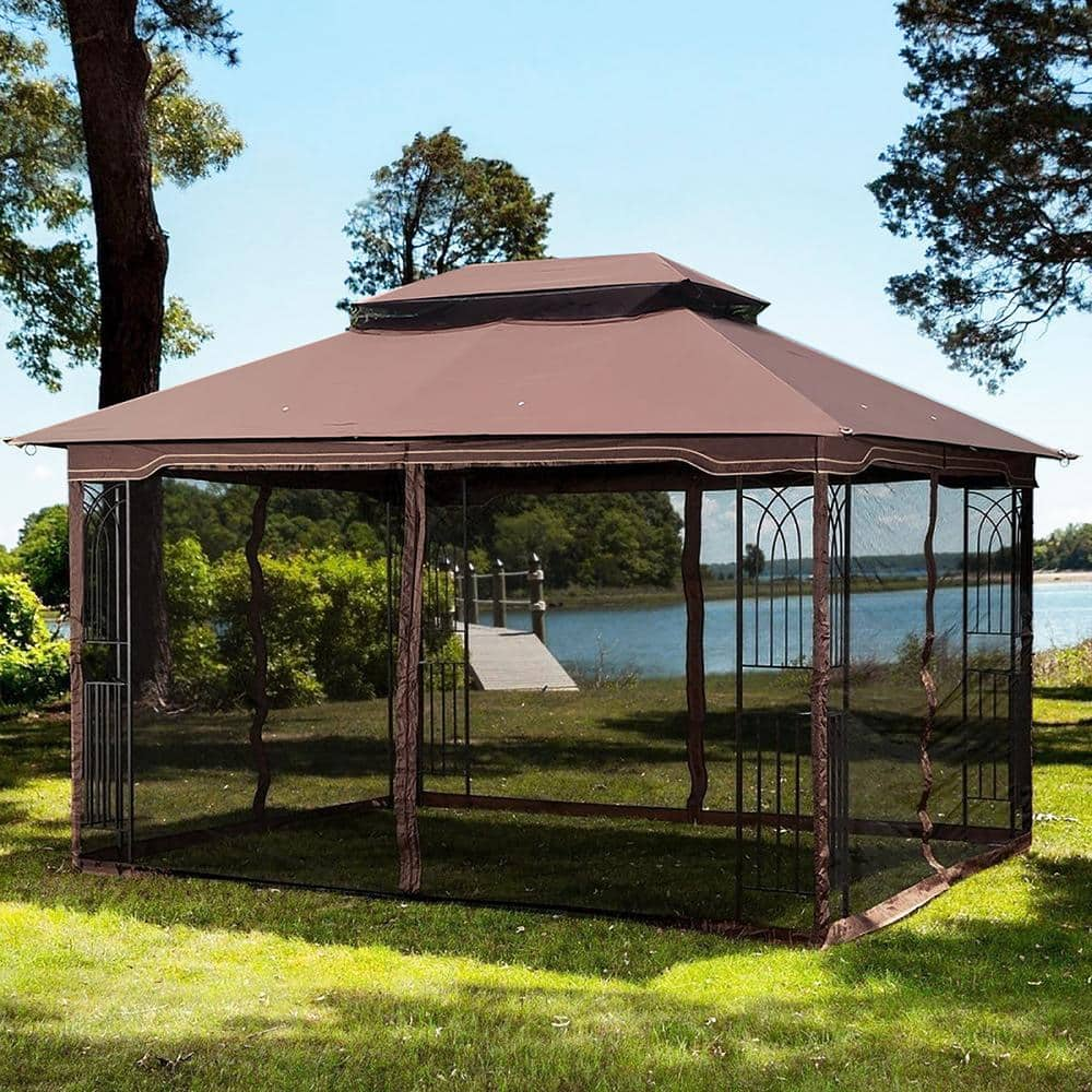 13 ft. x 10 ft. Brown Metal Double Roof Patio Gazebo With Mosquito net ...