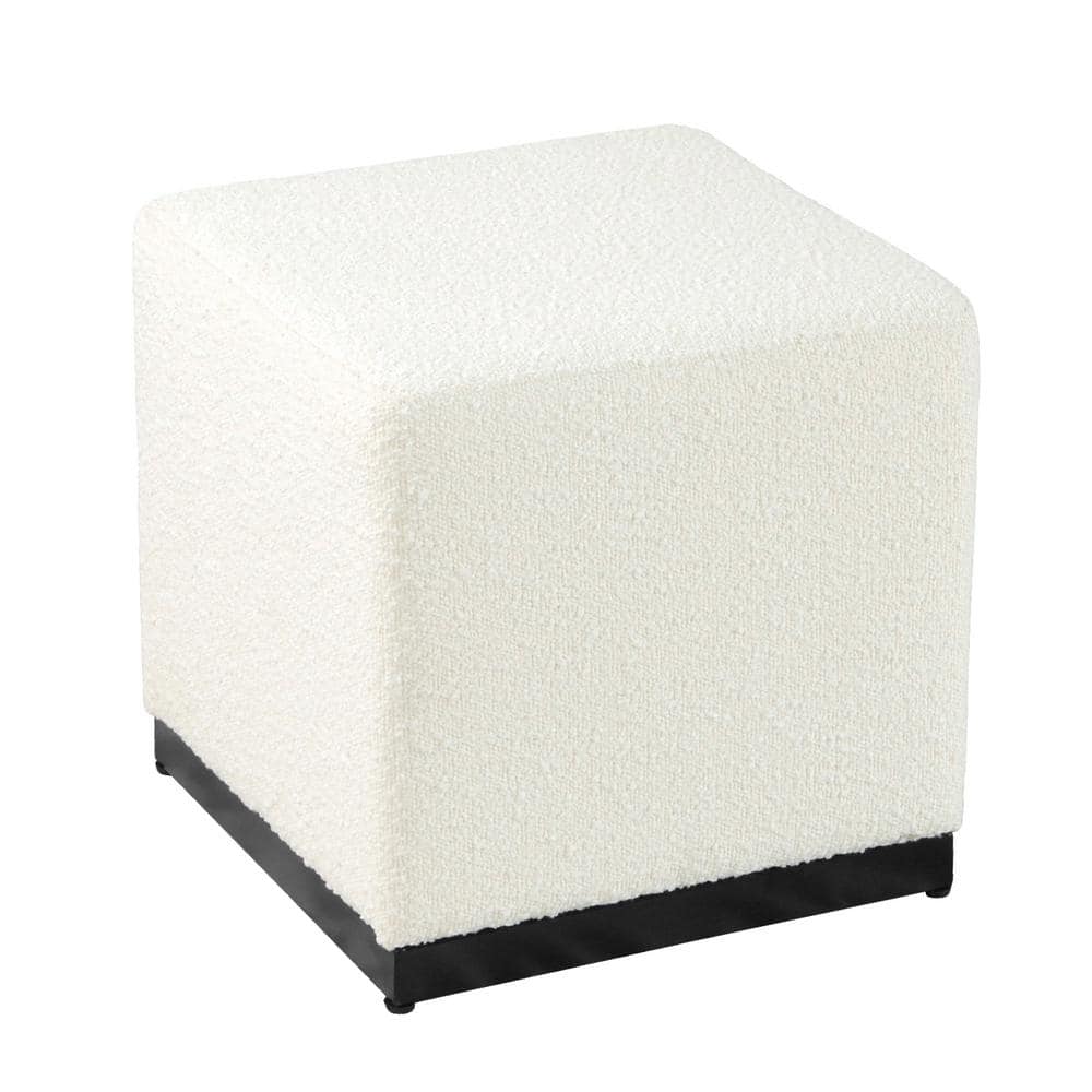 Cream Boucle Cube Ottoman with Black Metal Base