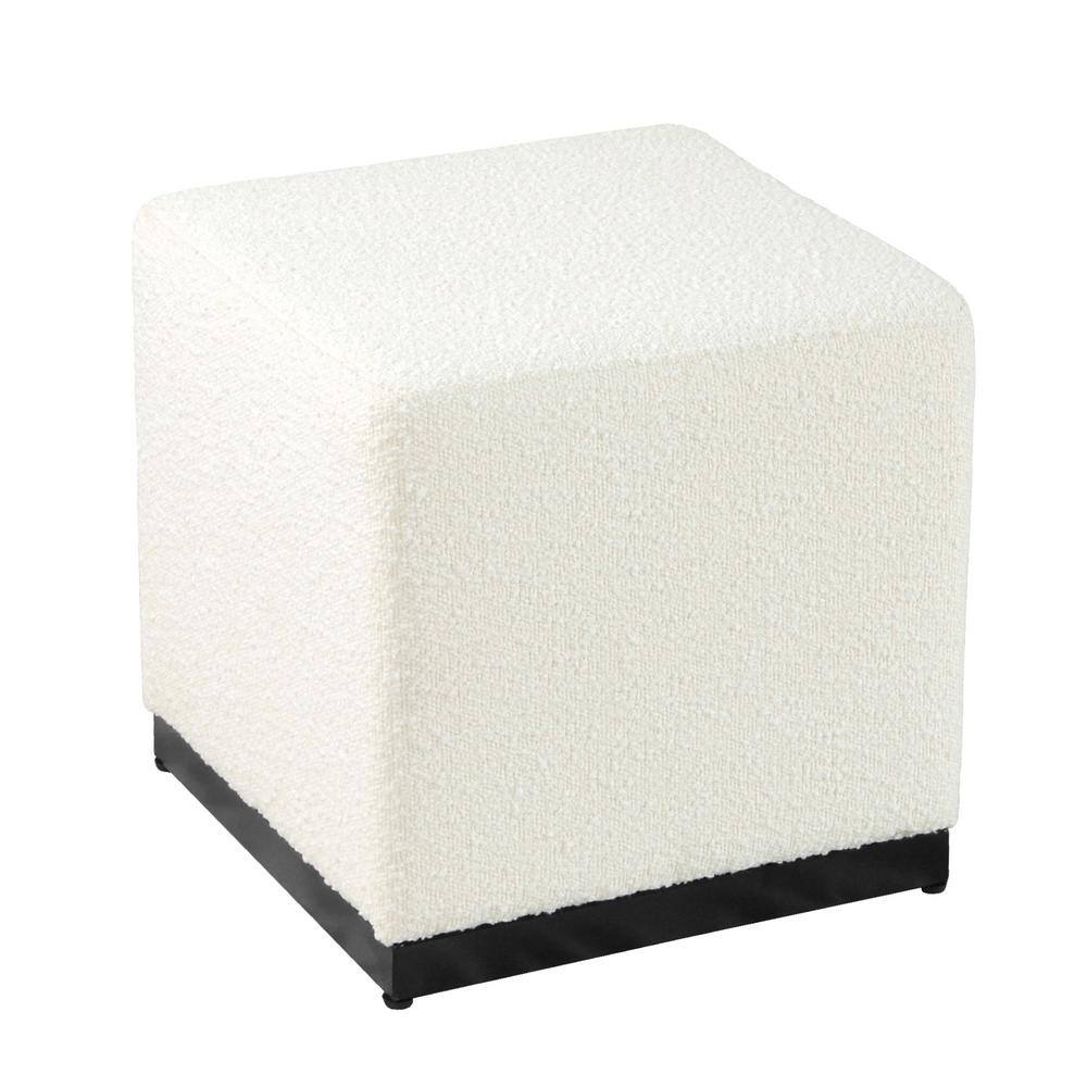 Cream Boucle Cube Ottoman with Black Metal Base