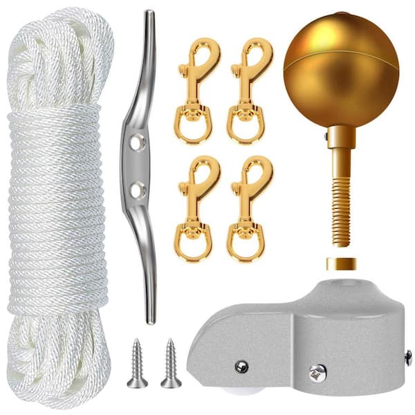 Angel Sar 50 ft. White Nylon Flagpole Halyard Rope Kit with Swivel Snap Clips, Flagpole Truck, 6 in. Cleat and 3 in. Gold Ball