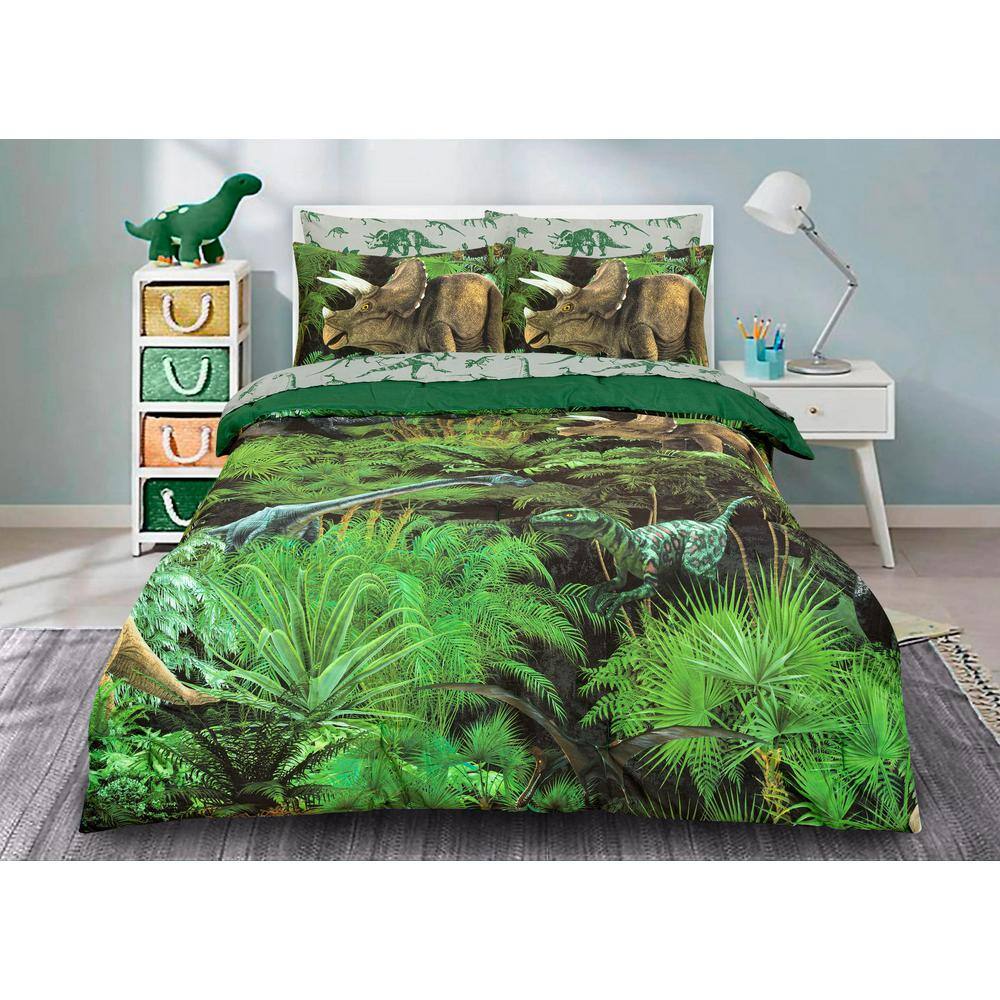 Twin Green Dinosaur Forest Microfiber Bed Set