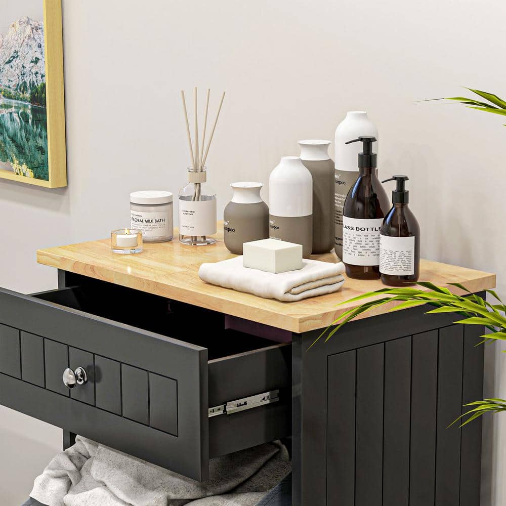 Black Wooden Kitchen Storage Cabinet with Light Wood Top