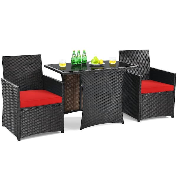 HONEY JOY 3-Piece Wicker Rectangular 28" Outdoor Dining Set with Tempered Glass Top Table and Red Cushions