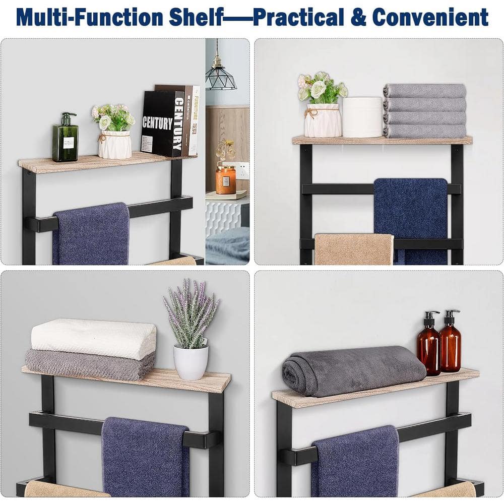 Matte Black Wall Mounted 3-Tier Towel Rack with Wood Shelf