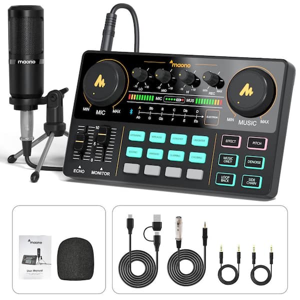 All in One Production Podcast Audio Mixer in Black with Special Effects and Microphone for Live Streaming