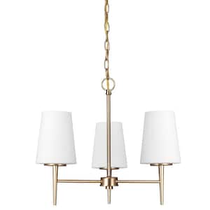 Driscoll 3-Light Satin Brass Mid-Century Modern Hanging Chandelier with Inside White Painted Etched Glass