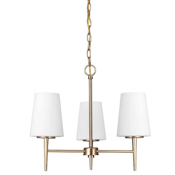 Generation Lighting Driscoll 3-Light Satin Brass Mid-Century Modern Hanging Chandelier with Inside White Painted Etched Glass