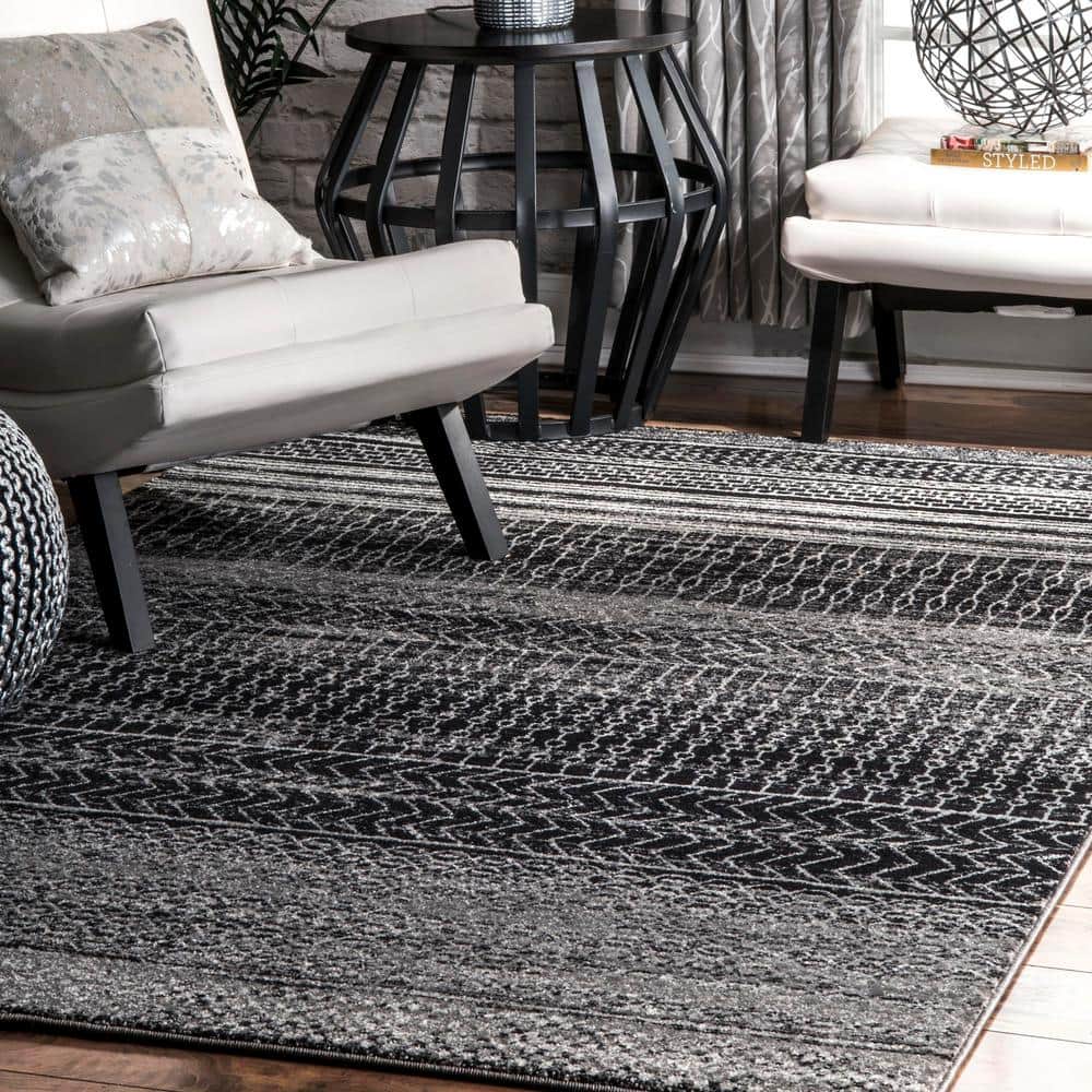 Reversible Dark Gray Synthetic Stripe Area Rug, 6' 7" x 9'