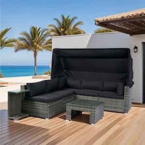 7-Piece Gray Wicker Outdoor Patio Day Bed Sectional Set with Retractable Canopy and Black Cushions