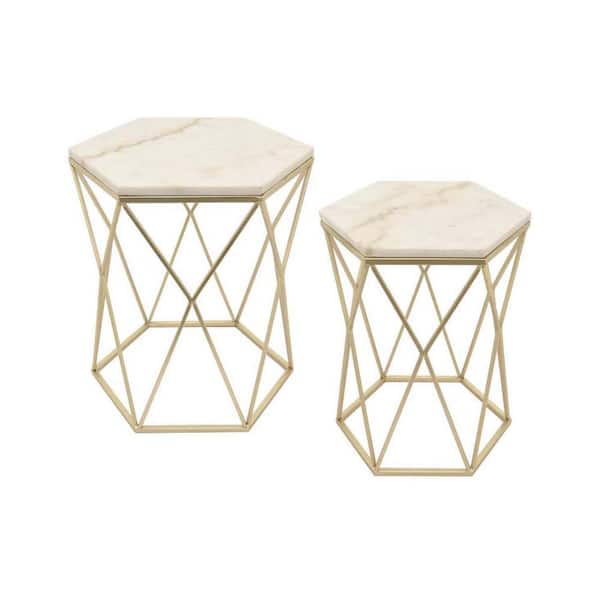 Benjara 22.75 in. White and Champagne Gold Hexagonal Marble Plant Stand with 1 Tier (Set of 2)