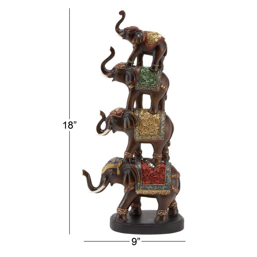 Brown Polystone Stacked Elephant Figurine with Colorful Patterns