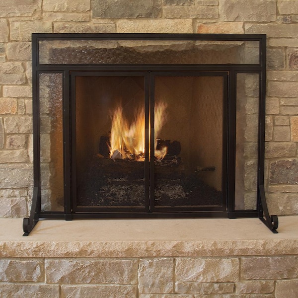 Pleasant Hearth Manchester Large Size Black Steel and Glass Single-Panel Fireplace Screen with Doors