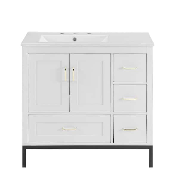 Adrinfly 36 in. Freestanding Bath Vanity in White with Ceramic Basin Top, 4-Drawers, 2 Soft Close-Door and Shelves Storage