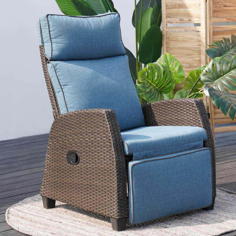 BANSA ROSE Adjustable Outdoor Wicker Recliner with Navy Cushions, All ...