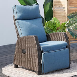 Adjustable Outdoor Wicker Recliner with Navy Cushions, All-Weather Wicker, Thick Cushions