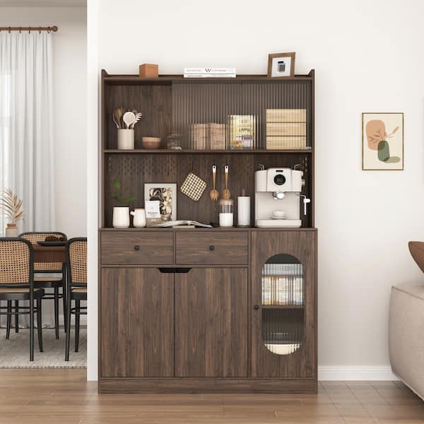 Tatahance 6-Shelf Walnut Wood 71 in. Tall Pantry Organizer with Roll-Out Drawers and Reeded Glass Doors