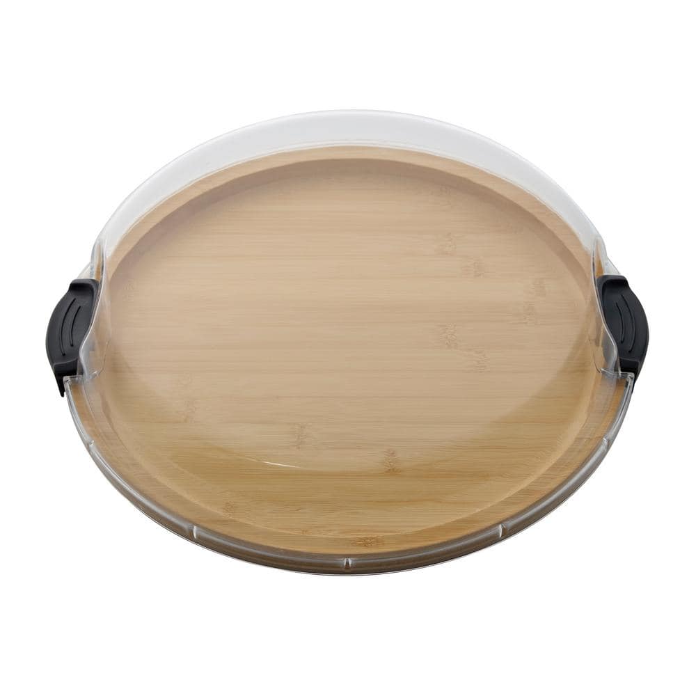 Farberware 14 in. x 2.95 in. H Round Build-A-Board Acacia Cutting Board with Single Compartment and Clear Locking Lid, Black