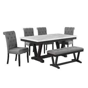 Fannie 6-Piece Rectangular Faux Marble Top Dining Set with Gray Linen Fabric Chairs