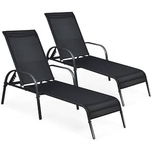 2-Pieces Metal Outdoor Chaise Lounge Fabric Adjustable Reclining Armrest Black