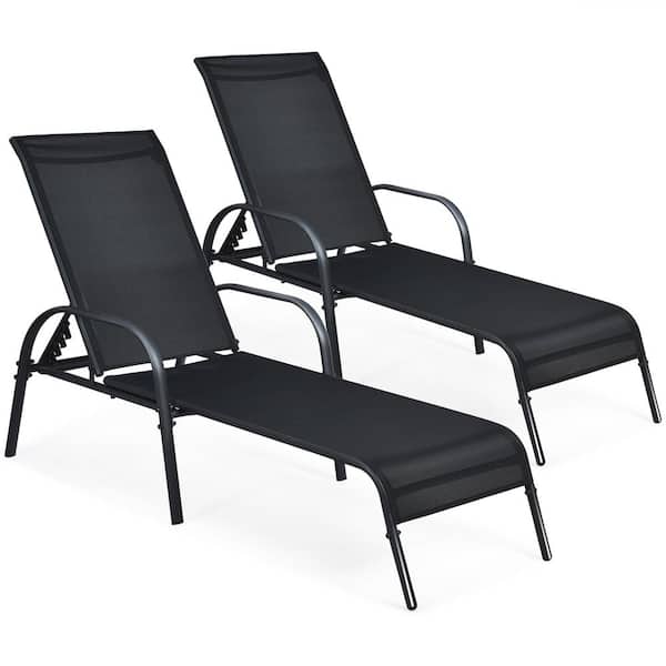 Costway 2-Pieces Metal Outdoor Chaise Lounge Fabric Adjustable Reclining Armrest Black